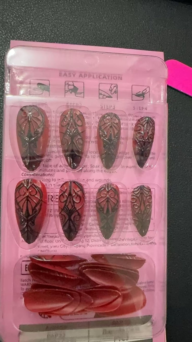 SEENEEY Long Almond Press on Nails Halloween Dark Red Artificial Fake Nails with Black Spider Web Designs Stick on Nail for Women 24pcs - Image 4